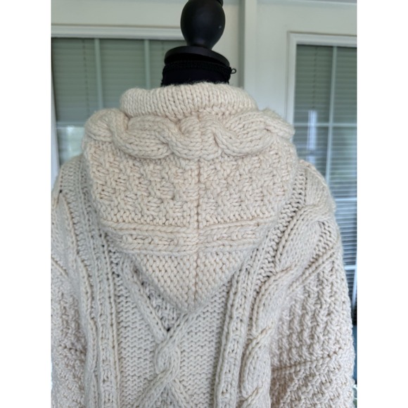 Y2K Native Knit Nordic Hand Made Sweater Wool Chunky Fisherman Sz M Hood Beige - Picture 7 of 8